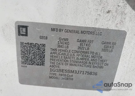 2018 Chevrolet Cruze Lt Auto from USA, damaged, VIN 1G1BE5SM3J7175836